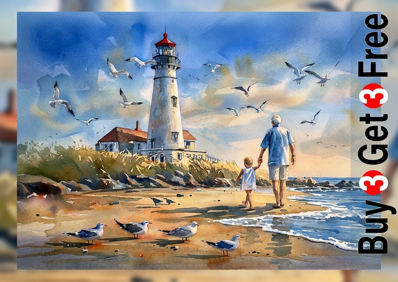 Peaceful Lighthouse Walk 5"x7" Print on Matte Paper | Coastal Family Art