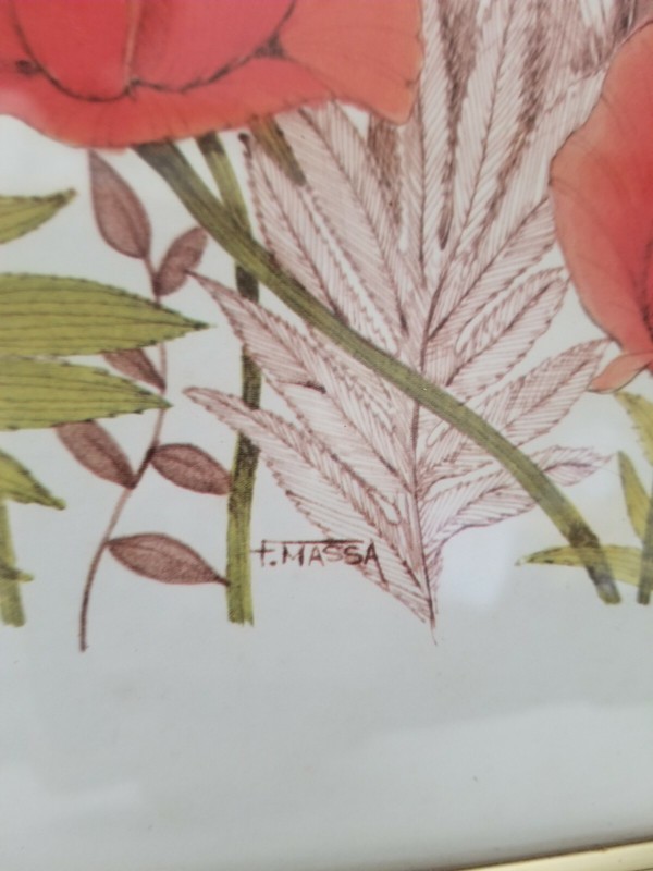 VTG Frank Massa Red Poppies Apples Cottage Core Yard Painting Print Signed gallery