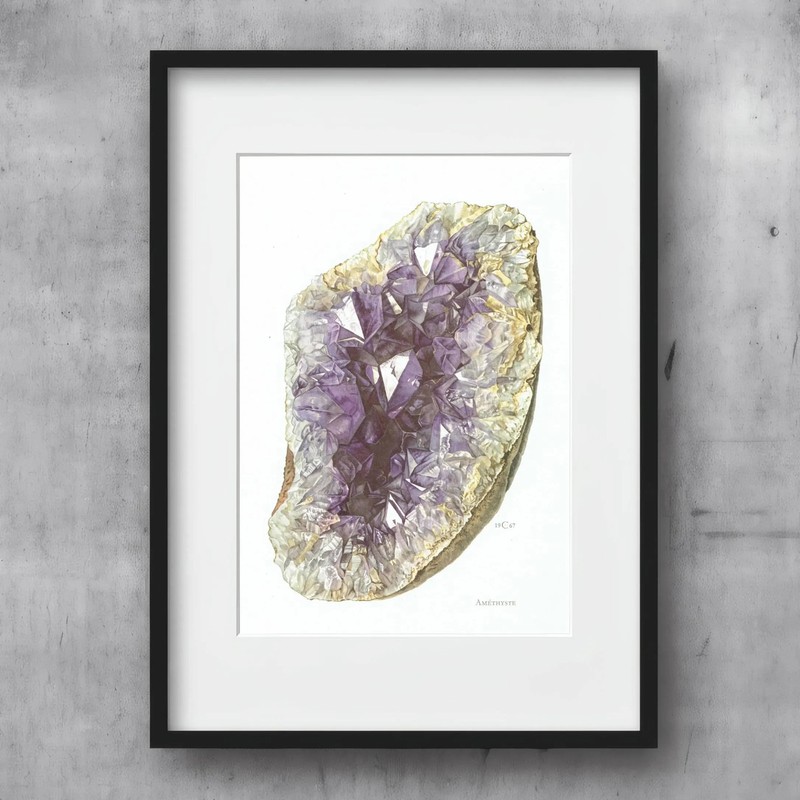 1969 Amethyst Geode Vintage Print By Caspari Mineral Study 7.5 x 10.5 in