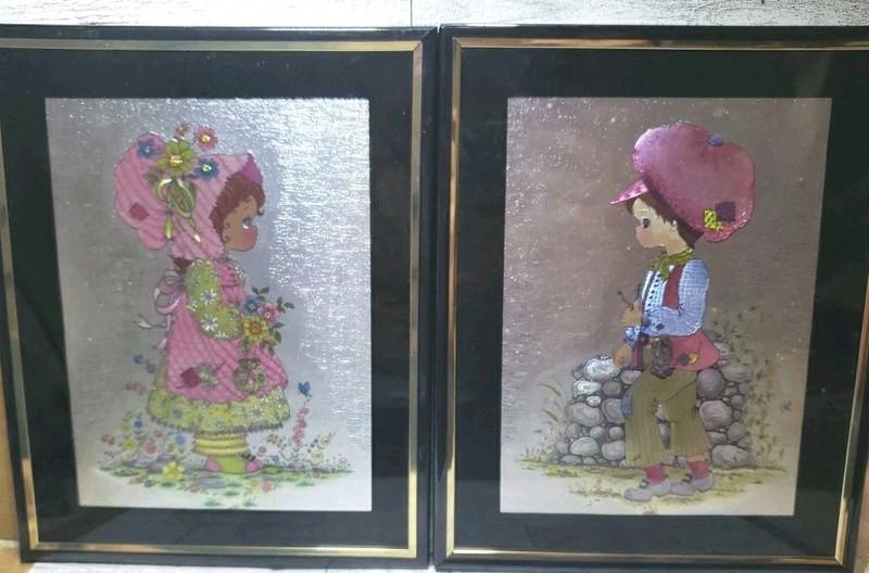 Vtg Framed Foil Metallic Art Little Boy And Girl 70s 80s Set Of 2