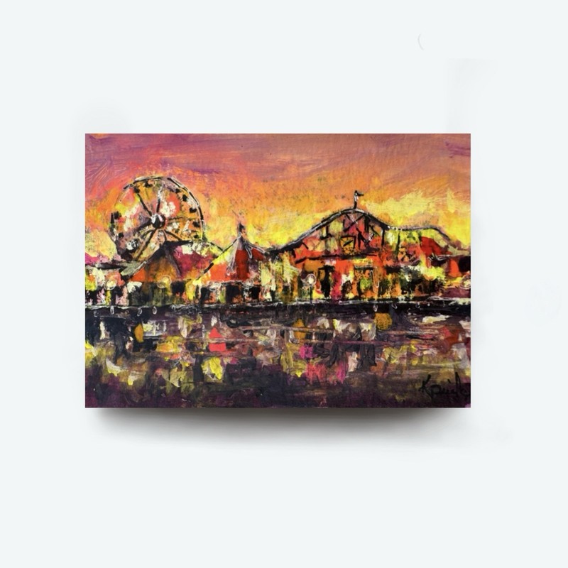Original ACEO Painting Mixed Seaside Fair Carnival Amusement Park Miniature Art