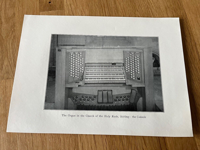 1940 print – the organ on the church of the holy rude . stirling : the console