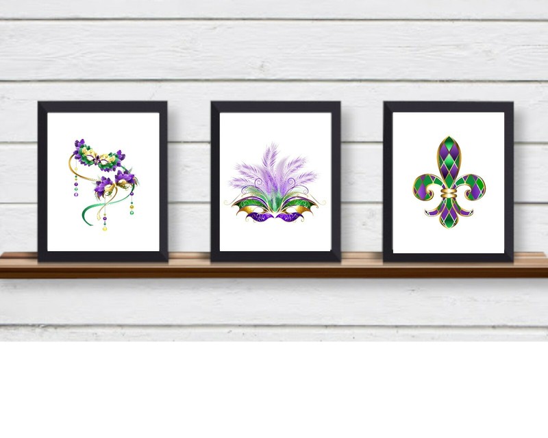 MARDI GRAS Celebrate Unframed Wall Art Prints Green Purple Gold Masks NewOrleans