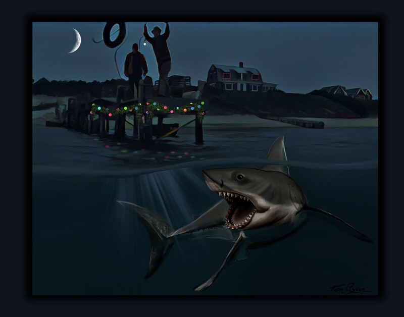Signed JAWS Holiday Roast Christmas Print New Great White Shark Art by Tom Ryan
