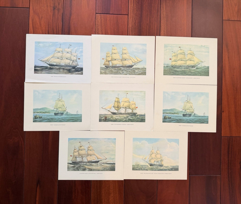 Vintage Set of 8 Clipper Ship Prints Nautical Maritime Sailing Vessel Decor
