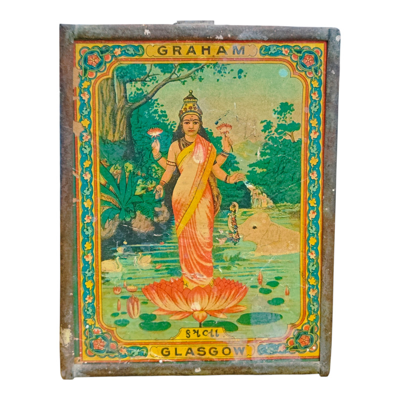 Vintage Antique God Laxmi Ji Litho. Paper Print With Iron Frame , Collectible