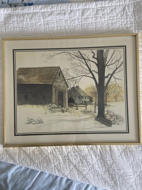 F Massa Watercolor Winter Homestead Barn Lithograph Framed Print
