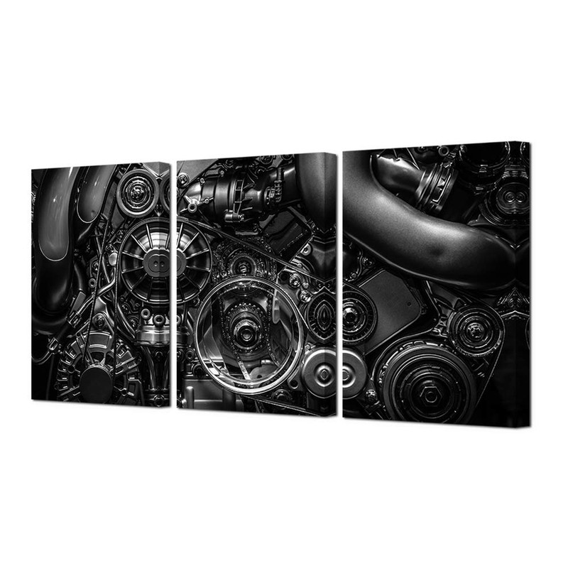HOMEOART Engine Wall Art Closeup Gear and Chain Black and White Picture Canva...