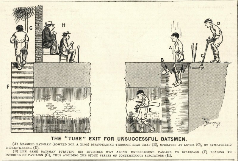 Vintage 1912 CRICKET (Sport) CARTOON - "Tube" Exit for Unsuccessful Batsmen