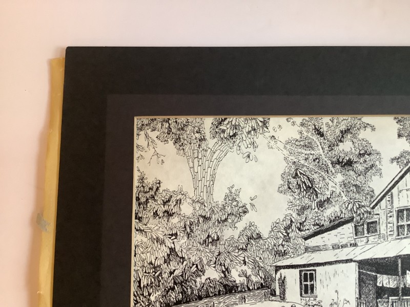 Original Barnyard Landscape Pen and Ink Farmhouse Primitive Cabin Rustic Art gallery