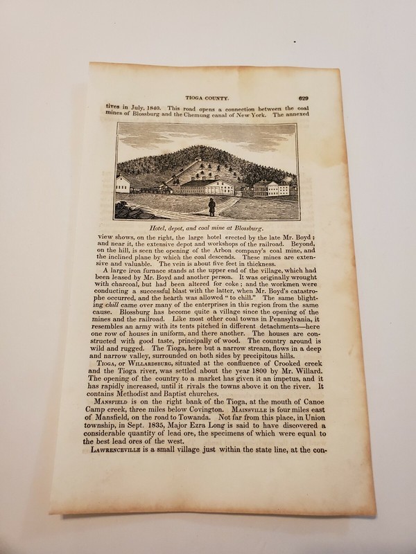 Hotel Depot Coal Mine at Blossburg Tioga County Pennsylvania c. 1843 Engraving