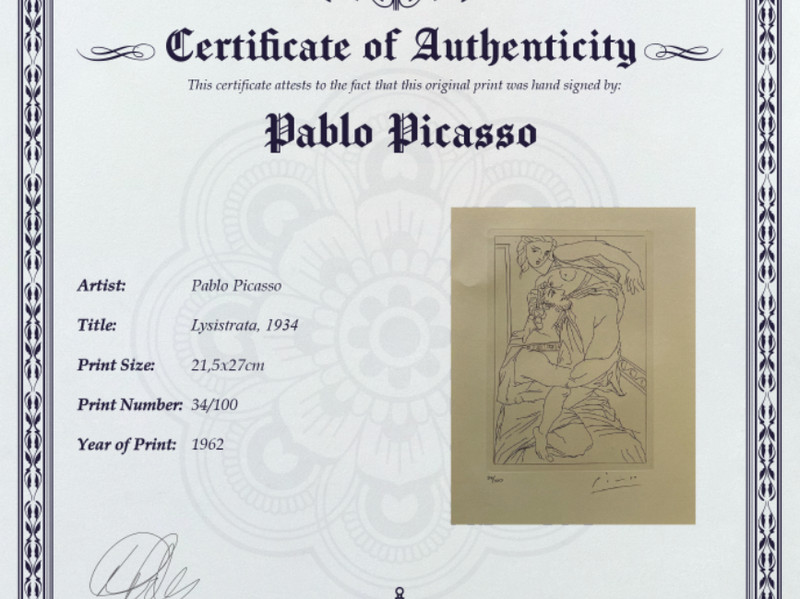 Pablo Picasso Original signed Print, COA and appraisal for $3,500 USD.- gallery