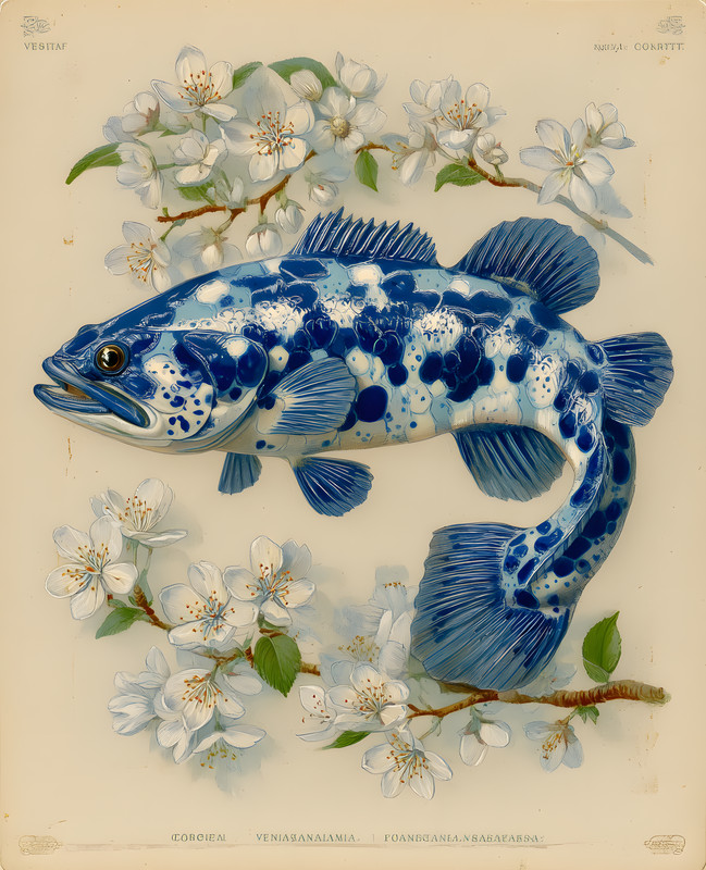 8×10 Blue Speckled Fish Blossoms Art Print – 438182183
