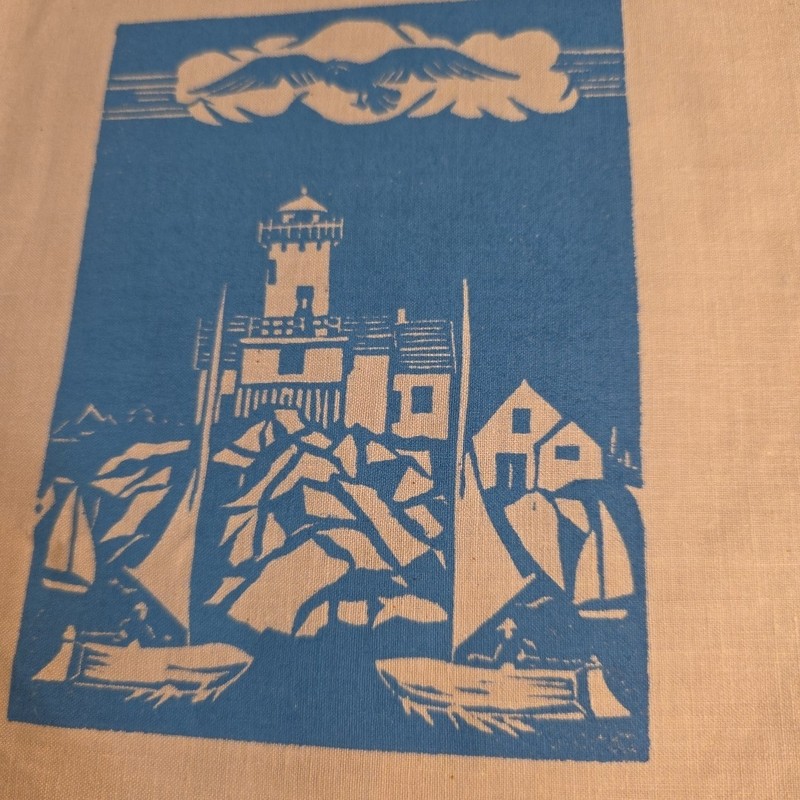 Vintage Hand Block Print on Fabric Lighthouse & Sailboats 7" x 7" gallery