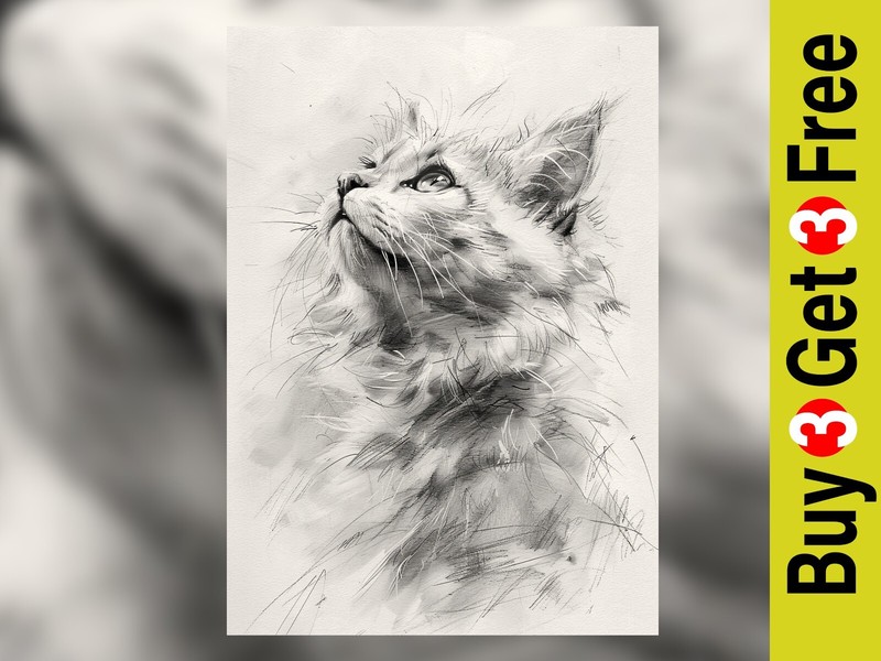 Curious Cat Drawing 12"x8" Print on Matte Paper | Ink and Pencil Artwork gallery