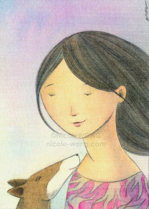 ACEO PRINT – REST – dogs pets animals woman puppy hug love friendship portrait