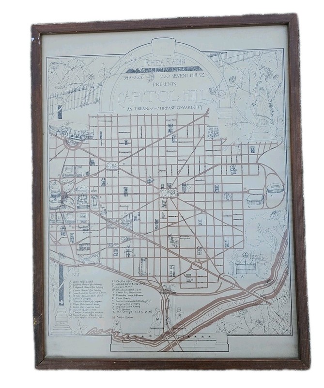Vintage 1980 Capitol Hill DC Map Rhea Radin Real Estate Art by A. Oberdorf 24×18