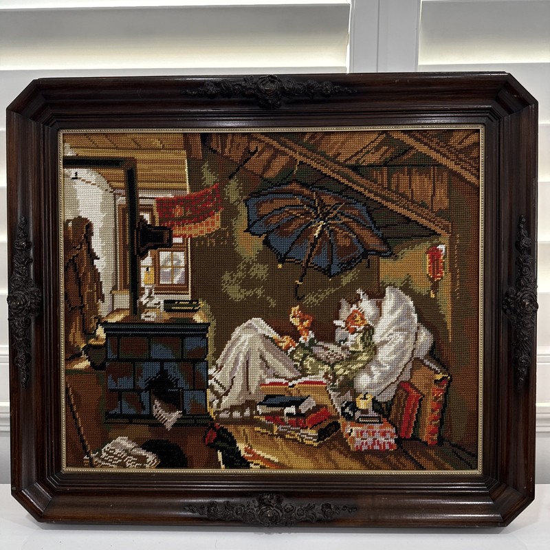 The Poor Poet Carl Spitzweg Needlepoint Art Beautiful Framed Vintage
