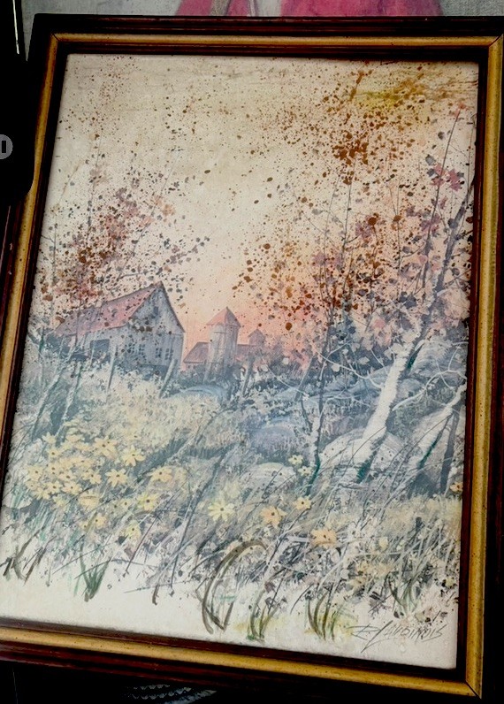 Signed Framed Impressionist Landscape Farm Barn Trees Wildflowers Print