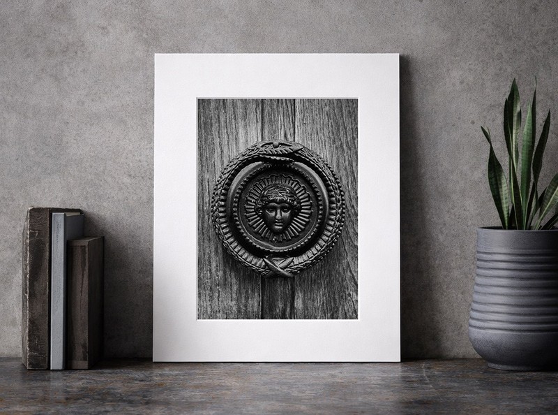 Classical Door Knocker Medallion Mounted Print Black & White Architectural Art gallery