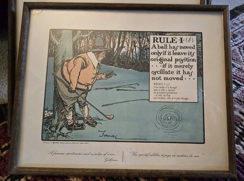 4 Charles Crombie Coloured, Comical Lithographs Golf Rules, Perrier ,Framed gallery