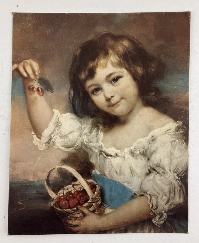 VTG 1950s art print SMALL GIRL PRESENTING CHERRIES John Russell Rococo 8" x 10"