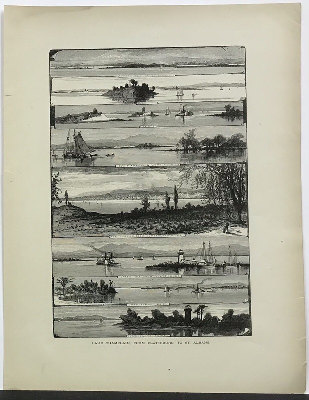 New York State Lake Champlain Scenes, Historic America, 1874 Antique Engraving
