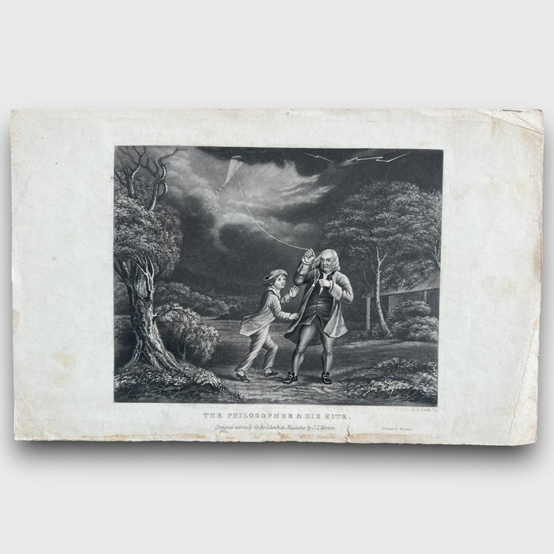 Antique 'The Philosopher & His Kite' Benjamin Franklin Print