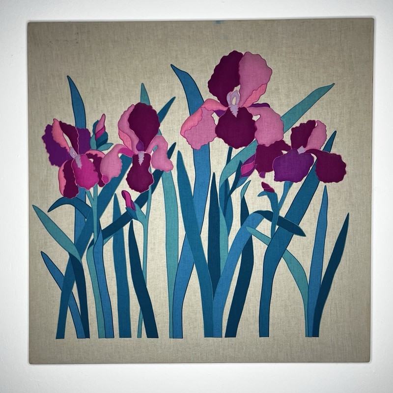 Rare Vtg ‘81 Canvas Screen Print 3D Puffy Fabric MCM Wall Art Picture 28x28 Iris
