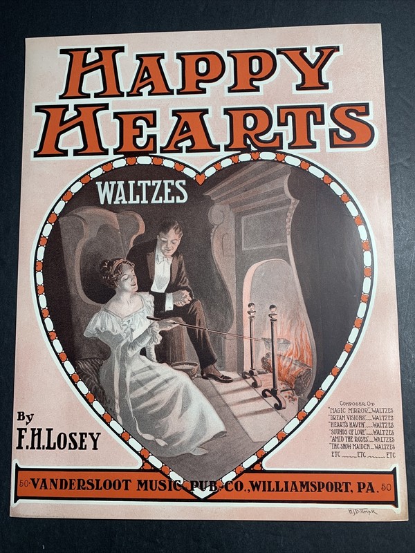 C 1910 Happy Hearts Pretty Flapper Girl Sheet Music Store Sign Blank