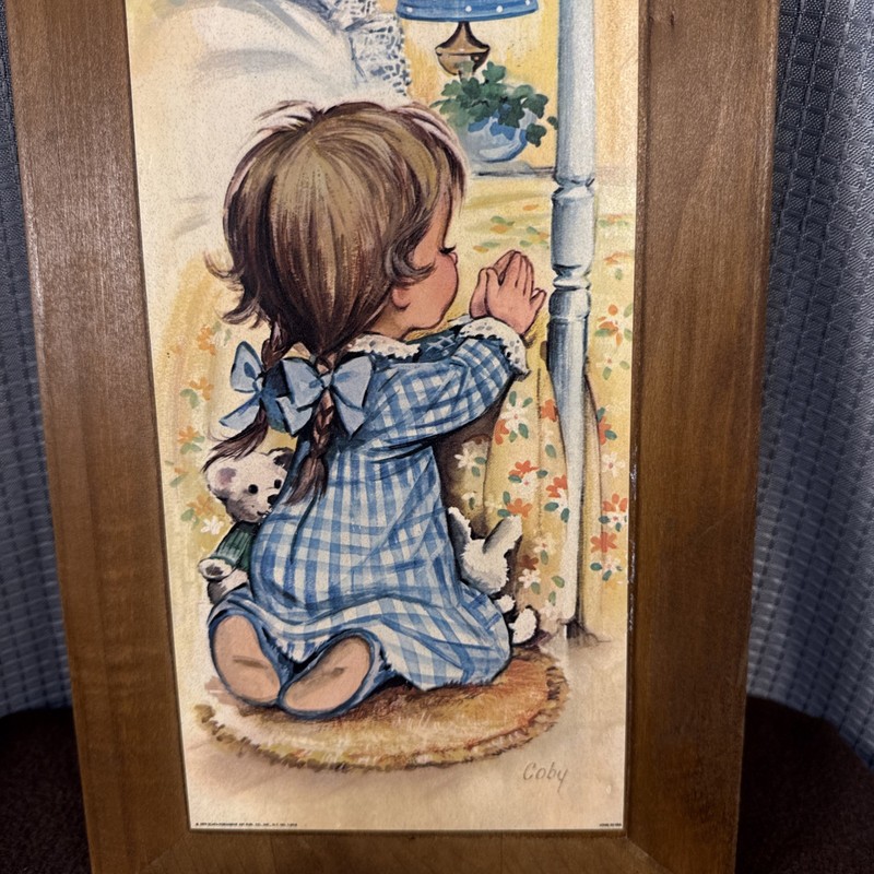 Coby Boy & Girl Litho Prints Vtg 70s Solid Wood “Bedtime Prayers” Set Of 2 gallery