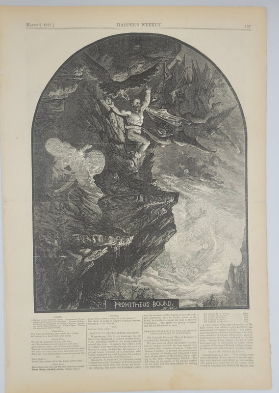 Prometheus Bound 1867 by Thomas Nast shows Grant chained to Mtn attacked by CSA