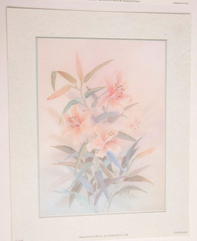 Lillies Pink Pastel Blue Flowers – 8×10″ – 1989 Bernard Litho USA – NEW