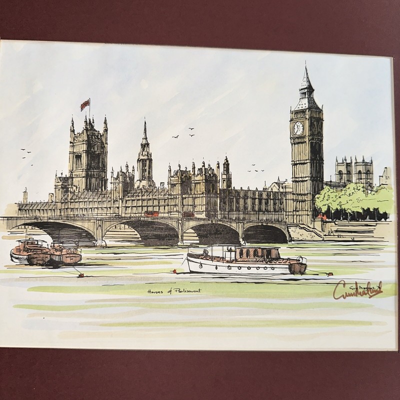 TWO 1970S SIGNED HAND COLORED GUY MAGNUS PRINTS WESTMINSTER ABBEY & HOUSE PARLI gallery
