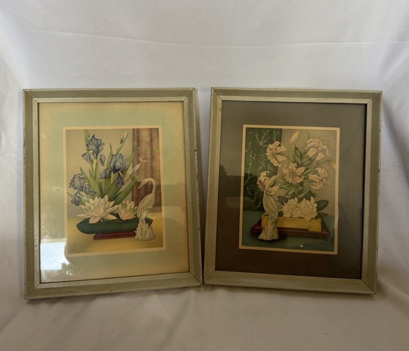 Set Vtg GOES Art Deco 50s Still Life Birds Ikebana MID CENTURY Framed Prints MCM