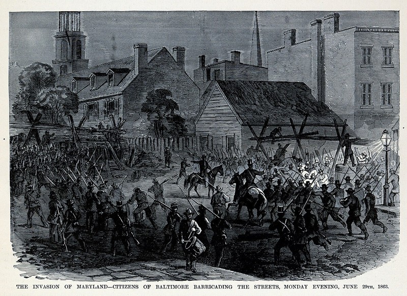 Leslie Civil War Print Maryland Invasion Baltimore Citizens Barricading Streets