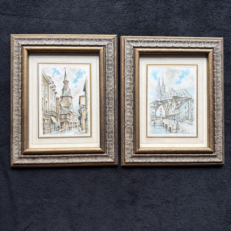 Vintage A Verburg European Street Scene Framed Prints Chartres Set of 2 Gold