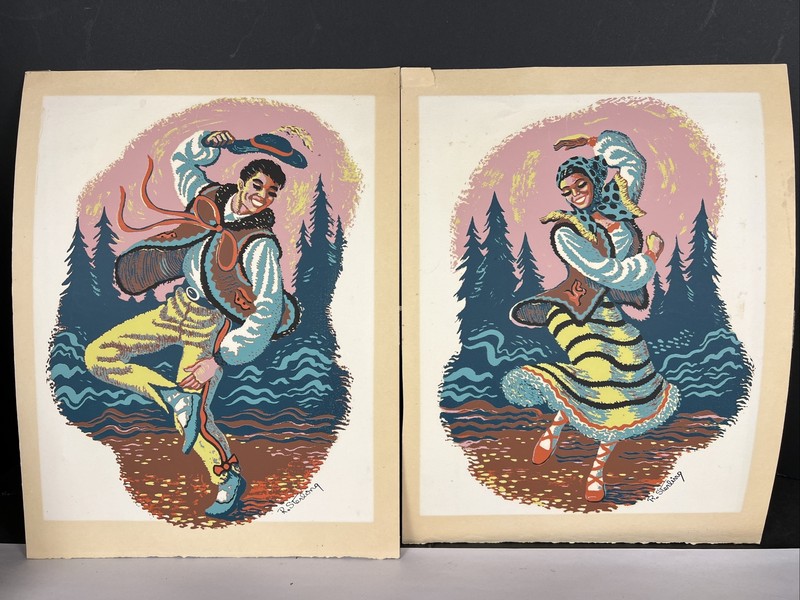 Vtg Pair Silkscreen Serigraph Print MCM 50s Costume Dancers Signed R. Sterling