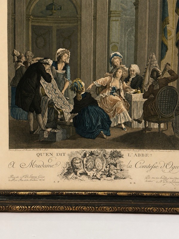1788 de Launay Antique French Engraving Qu'en dit l'Abbé? Louis XVI Carved Frame gallery