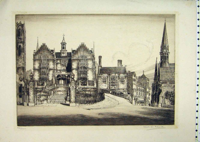Original Old Antique Print Street Scene Buildings Church Limited Edition