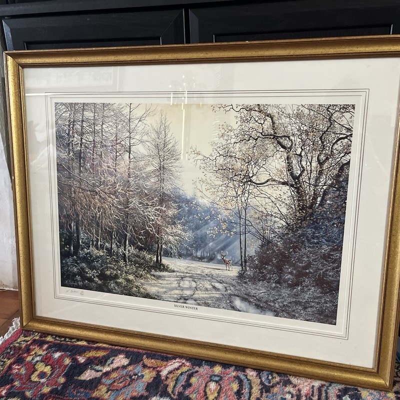 “Silver Winter” Scene Print In Large Gold Painted Wooden Frame 80cmx62cm