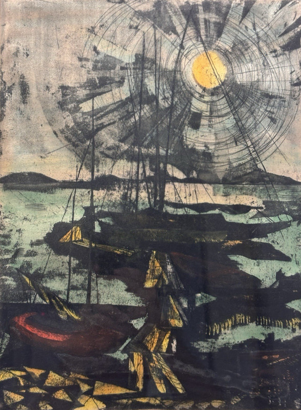 Abstract Cubist Framed Print, Boats Sun Marina, Vintage Fine Art Decor Gifts