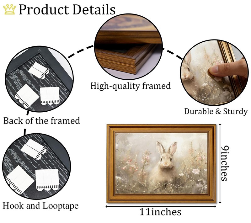 Gold Framed Vintage Easter Bunny Canvas Wall Art Neutral Rabbit Meadow Painti... gallery