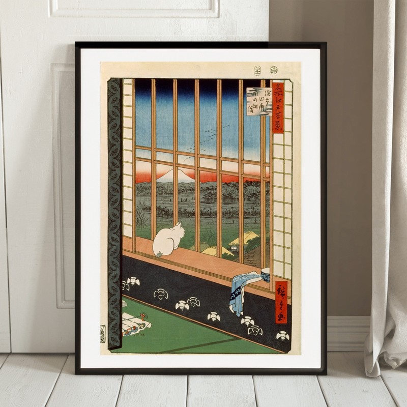 Hiroshige Asakusa Ricefields white cat fine art print wall art WITH BORDER gallery
