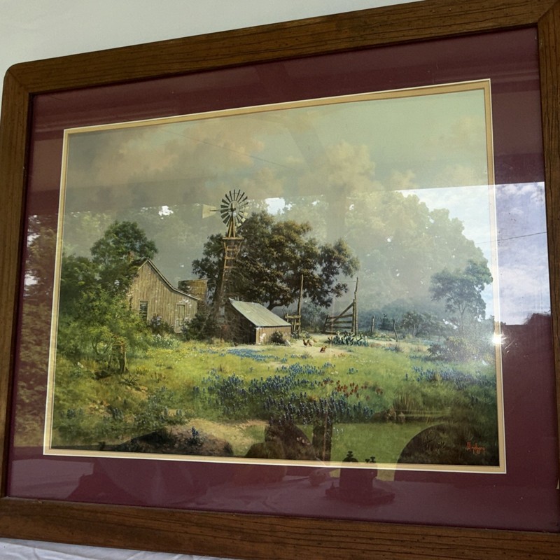 Windberg Signed Framed Landscape Print Barn Windmill Trees Sky, Matted