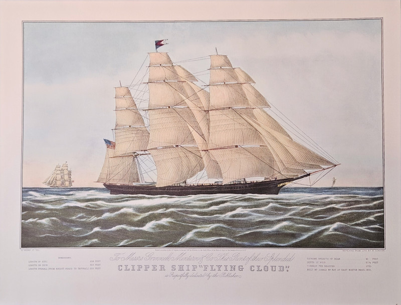 1952 Vintage Currier & Ives CLIPPER SHIP «FLYING CLOUD, 1852» COLOR Lithograph