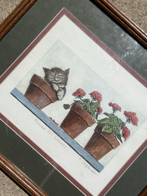 Flower Pot Dreams Kitten Cat Floral Framed Art Print Country Cottage Wall Decor