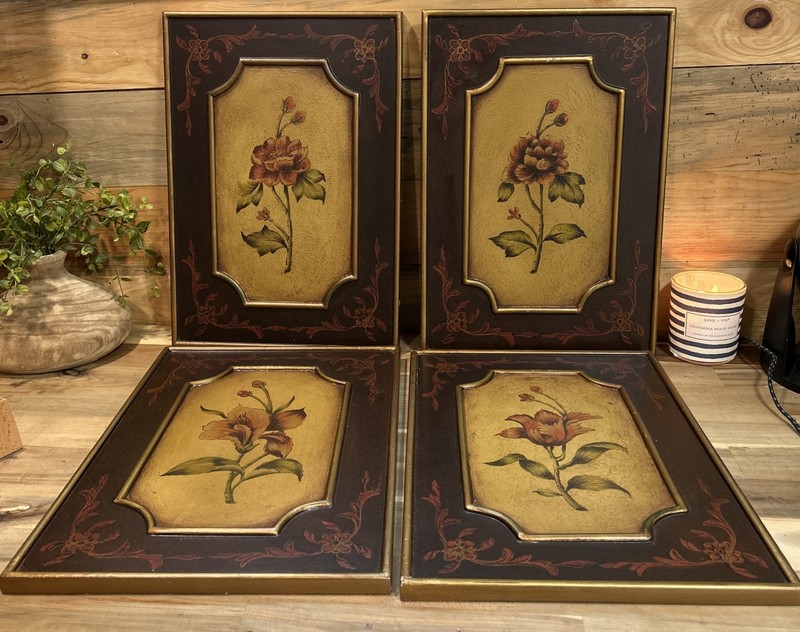 Vintage 1960sWall Art ornate tole style Rose & Gold details.Set Of 4 17×12” MINT