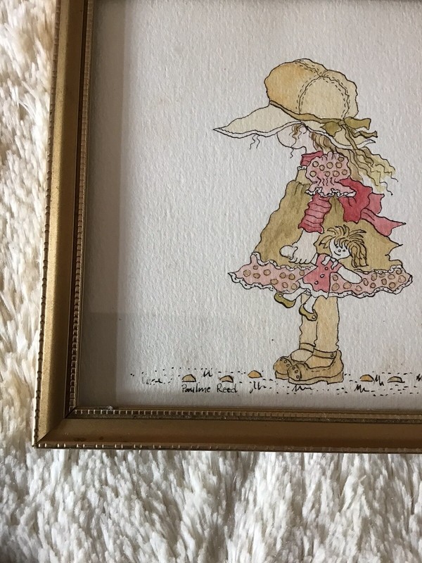 Vintage Holly Hobbie Style Small Square Original Art Work Framed Pauline Reed gallery