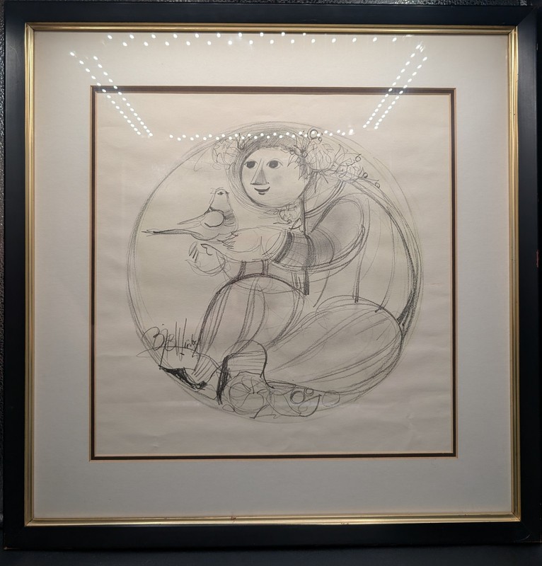 Bjorn Wiinblad Girl With Bird Offset Lithograph Signed In Plate, Framed Matted gallery